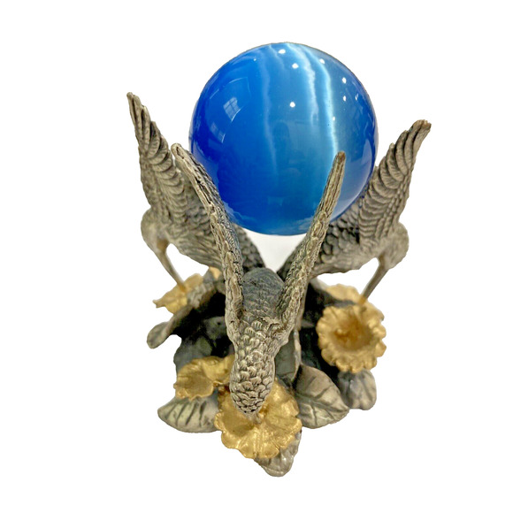 Blue Glass Crystal Ball Paperweight Silver & Gold Metal Hummingbird Orb Holder - Picture 2 of 10